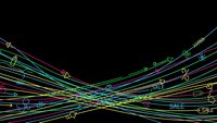 Colorful neon light trails with shopping and commerce icons flowing across black background for digital marketing and e-commerce design projects.