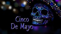 Cinco de Mayo festive sugar skull with glowing blue and purple floral ornaments on dark background with bokeh lights and holiday text.