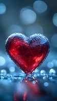 Red glass heart with water drops against blurred blue bokeh background, reflecting on wet surface. Romantic mood for Valentine's Day designs and love concepts.