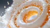 Dynamic orange and white liquid spiral with water droplets creating flowing motion against dark background for modern design projects.