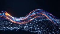 Abstract digital wave with glowing energy streams flowing over geometric network grid on dark background for technology and data visualization concepts.