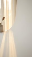 Soft natural sunlight streaming through cream curtains creating warm shadows on white wall with dried flower vase for interior design and home decor.