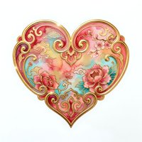 Ornate heart shape with gold filigree scrollwork, coral pink background, and watercolor roses in red, peach, and green tones. Isolated on white for design use.
