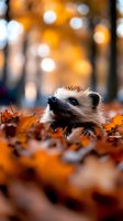 Curious young raccoon with distinctive black and white facial markings exploring colorful autumn leaves in forest setting with warm bokeh background.