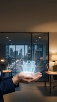 Businessman in dark suit holding glowing shopping cart hologram in modern office with city skyline view at night, representing digital commerce and retail technology solutions.