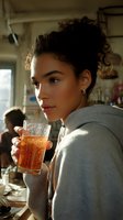 Young woman with curly hair in gray hoodie holding sparkling orange beverage in sunlit café, contemplative side profile view.