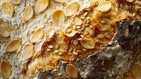 Freshly baked artisanal bread crust with golden pumpkin seeds scattered on top, extreme macro close up showing detailed texture and crispy surface.
