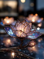 Glowing lotus flower with iridescent blue petals against blurred bokeh background, illuminated from within creating magical atmosphere for spiritual concepts.