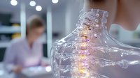 Glowing spine model in medical office showing vertebrae and nervous system with healthcare professional in background, demonstrating spinal anatomy and treatment.