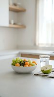 Fresh green and golden grapes with small oranges in white bowl on kitchen counter, glass of water and sliced apple nearby, bright natural light from window, minimalist Scandinavian interior design.