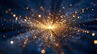 Abstract blue and gold particle explosion with glowing bokeh lights radiating from center creating magical starburst effect for digital backgrounds.