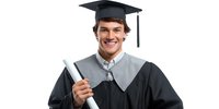 Young Caucasian male graduate in black academic gown and mortarboard cap holding diploma, smiling confidently against white background. Represents education achievement.