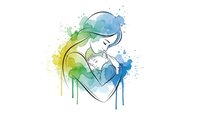 Watercolor mother holding baby with colorful paint splashes and drips on white background. Maternal bond artwork for greeting cards and nursery decor.
