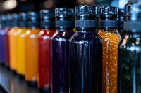 Colorful glass bottles with droppers containing various liquids arranged in row for laboratory research, cosmetics, essential oils or pharmaceutical products.