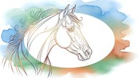 Elegant horse head portrait with flowing mane on watercolor background. Hand-drawn line art style for equestrian designs, logos, and artistic projects.