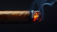 Burning cigar with glowing ash and rising smoke against dark background, macro photography showing detailed texture and ember for luxury lifestyle and relaxation concept.