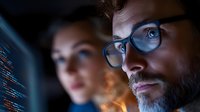 Male software developer with beard and glasses focused on computer code, collaborating with female colleague in modern tech workplace environment.