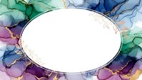 Abstract alcohol ink frame with gold accents and oval white space for text or design elements on colorful flowing background.