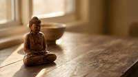 Small wooden Buddha statue in meditation pose on rustic table with warm sunlight streaming through window creating peaceful zen atmosphere for mindfulness.