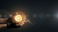 Hands cupping glowing Bitcoin symbol with magical light effects against dark background for cryptocurrency and digital finance concepts.