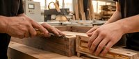 Skilled craftsman hands working with wooden joinery in traditional carpentry workshop. Professional woodworker creating handmade furniture with precision tools and techniques.