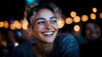 Young Caucasian woman with short blonde hair and glasses smiling genuinely at night, with warm bokeh lights creating magical atmosphere. Natural authentic emotion.