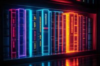 Glowing neon books on dark shelf with vibrant purple, blue, and orange lighting effects creating futuristic library atmosphere with reflection on glossy surface.