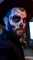 Bearded Caucasian man with Day of the Dead sugar skull face paint wearing black hat for Halloween celebration and cultural festivities.