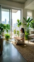 Young woman of East Asian descent meditating in lotus position among potted plants in modern high-rise apartment with city skyline view. Wellness and mindfulness lifestyle.