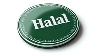Green circular badge with halal text in white letters on isolated background, suitable for food packaging and certification design elements.