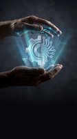 Hands protecting glowing digital gear with circuit board pattern symbolizing technology security and innovation in business automation systems.