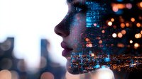 Young adult male with medium skin tone, profile view, representing technology professional or data scientist. Digital particles and circuit patterns overlay face, symbolizing artificial intelligence, machine learning, and digital transformation. Blurred cityscape background with bokeh lights suggests urban tech environment. Isolated on white background, suitable for tech industry marketing, AI concepts, and innovation themes.