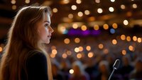 Young Caucasian woman with long auburn hair in profile view against blurred bokeh lights background, preparing to speak at conference or event.