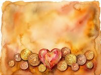 Watercolor heart surrounded by golden coins on warm orange background. Romantic wealth concept for Valentine's Day, love and money themes, greeting cards.