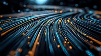 Glowing blue and orange fiber optic cables create dynamic parallel lines with bokeh light effects against dark background. Modern network technology concept.