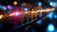 Glowing digital human figures standing in line against dark background with bokeh lights and reflections. Futuristic technology concept representing AI and connectivity.