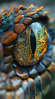 Extreme macro photography of dragon or snake eye with intricate scales in orange and turquoise colors, showing detailed texture and reptilian patterns.