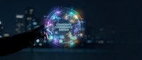 Hand holding glowing digital sphere with corporate governance system text and network connections against blurred city lights background at night.