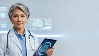 Mature Asian female doctor holding brain scan tablet in modern medical office with digital displays for healthcare technology presentations.