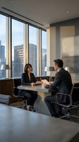 Two business professionals in formal attire conducting a meeting in a modern high-rise office with floor-to-ceiling windows overlooking a city skyline. Suitable for corporate, business, and professional concepts.