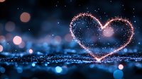 Glowing heart shape made of sparkling particles against dark blue background with bokeh lights for romantic designs and Valentine's Day projects.