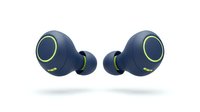 Pair of dark blue wireless earbuds with neon green accents and touch controls, isolated on white background for product design and marketing use.