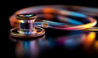 Colorful medical stethoscope on dark background with neon lighting effects and reflections, modern healthcare concept for medical presentations and articles.