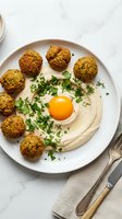 Fresh falafel balls with creamy hummus and herbs on white plate, traditional Middle Eastern vegetarian meal ready to serve for healthy dining.