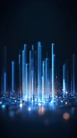 Glowing blue vertical light columns rise against dark background with bokeh effects creating futuristic cityscape visualization for technology and innovation concepts.