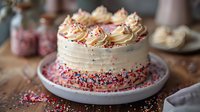 Festive vanilla layer cake decorated with buttercream swirls, colorful sprinkles, and pink sugar pearls on white plate against rustic wooden background.