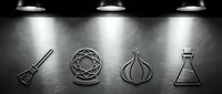 Witch craft symbols carved in stone wall under dramatic lighting featuring broom, pentagram, garlic and potion bottle for occult themed designs.