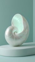 Pearlescent nautilus shell on a minimalist white podium against a soft teal background, showcasing natural spiral geometry and iridescent surface.