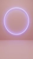 Glowing purple neon circle on soft pink wall background, modern minimalist design for contemporary interior decoration, advertising, and digital projects.