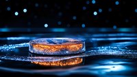 Glowing orange hockey puck on reflective ice surface with blue bokeh lights and water droplets creating dramatic sports atmosphere at night arena.